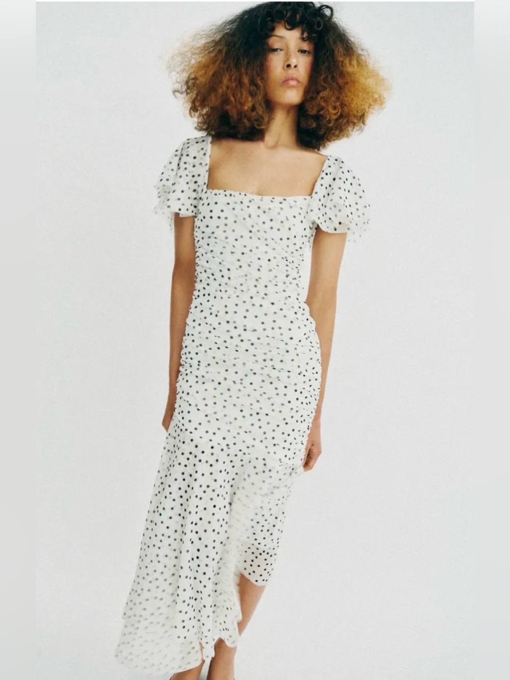 Zara White Midi Dress with Black Polka Dots